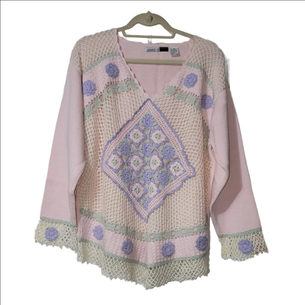 Vintage Cottagecore Grandma Embroidered Crocheted Trim Beaded Sweater Size 1X